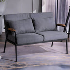 Mid century modern 2-seater sofa with black metal frame and solid wood arms