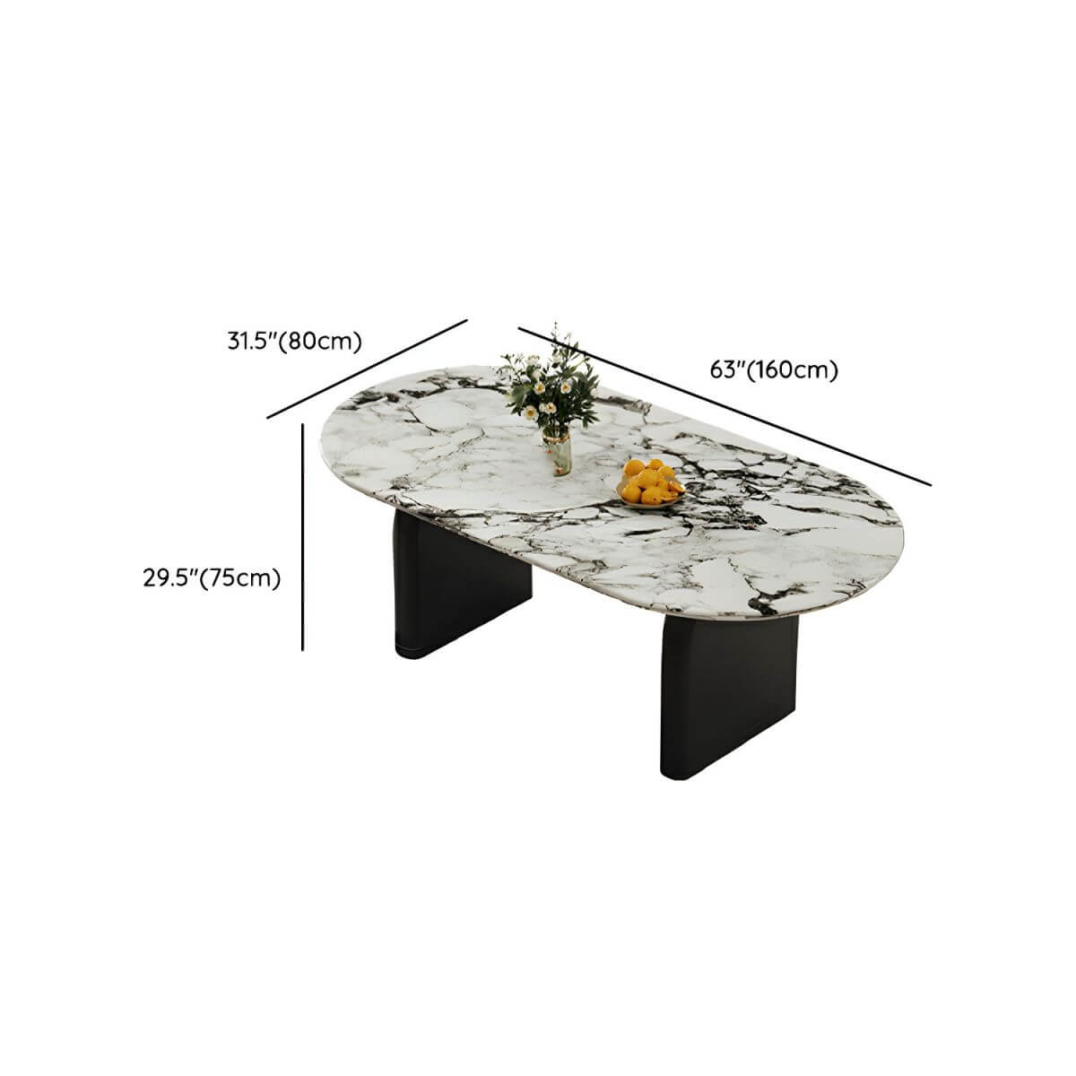 Oval modern dining table with stone top and black wood double pedestal base, 55.1 by 31.5 inches