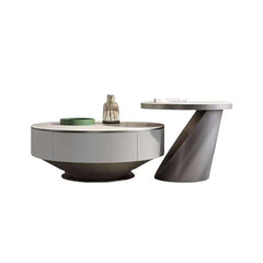 Modern Round Nesting Coffee Table Set of 2 with Drawer & Storage