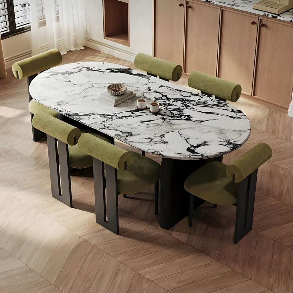 Oval modern dining table with stone top and black wood double pedestal base, 55.1 by 31.5 inches main product image