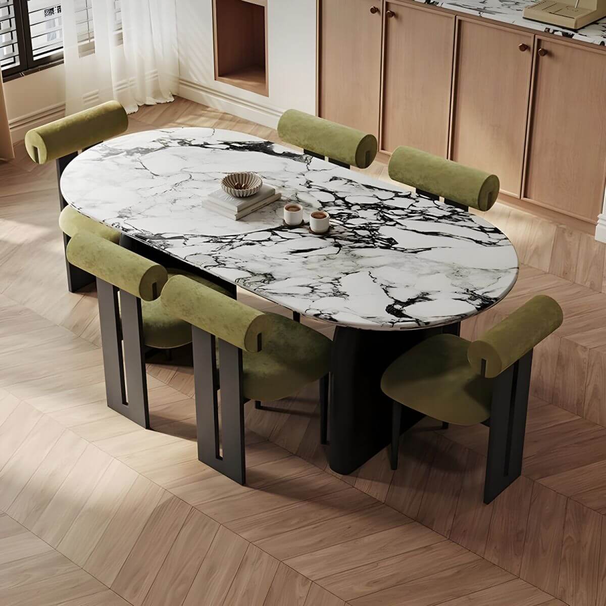Oval modern dining table with stone top and black wood double pedestal base, 55.1 by 31.5 inches main product image