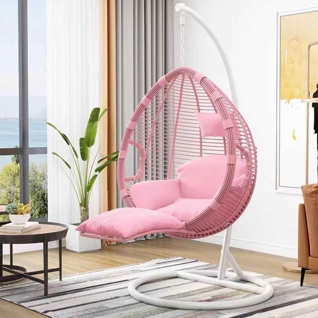 Two-seater metal porch swing egg chair with stand, cushions, and chain included