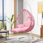 Two-seater metal porch swing egg chair with stand, cushions, and chain included