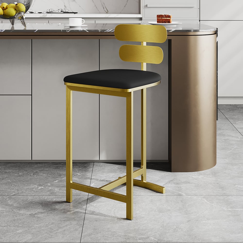 Set of four modern black PU leather counter stools with backrest for kitchen or breakfast bar