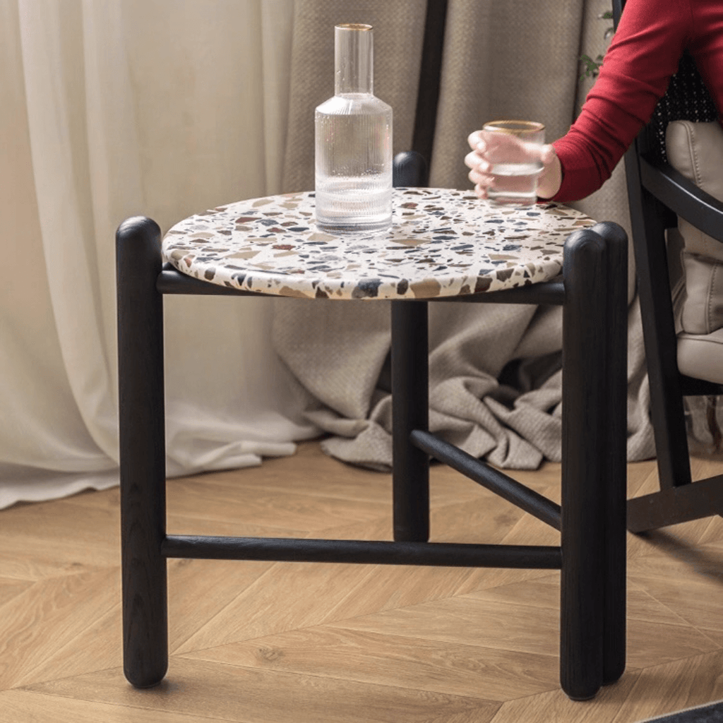 Contemporary terrazzo side table with unique patterns and easy maintenance