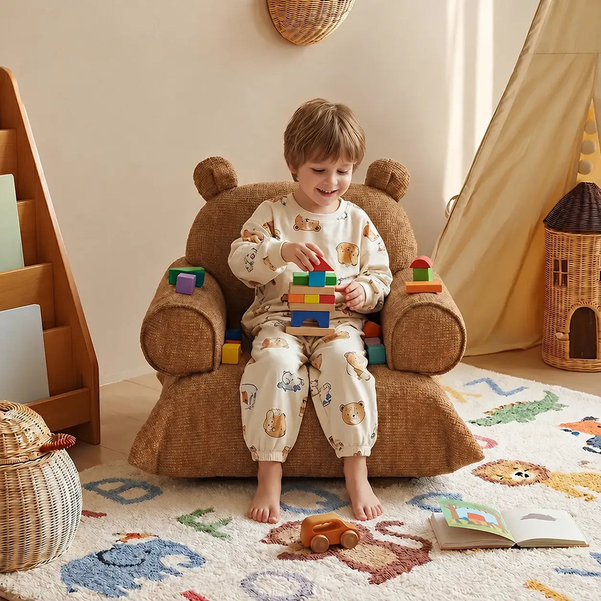 Bear Chenille Kids Lounge Chair with Rounded Silhouette for Reading Nooks