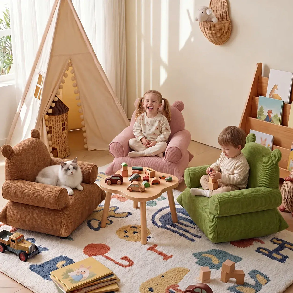 Bear Chenille Kids Lounge Chair with Rounded Silhouette for Reading Nooks