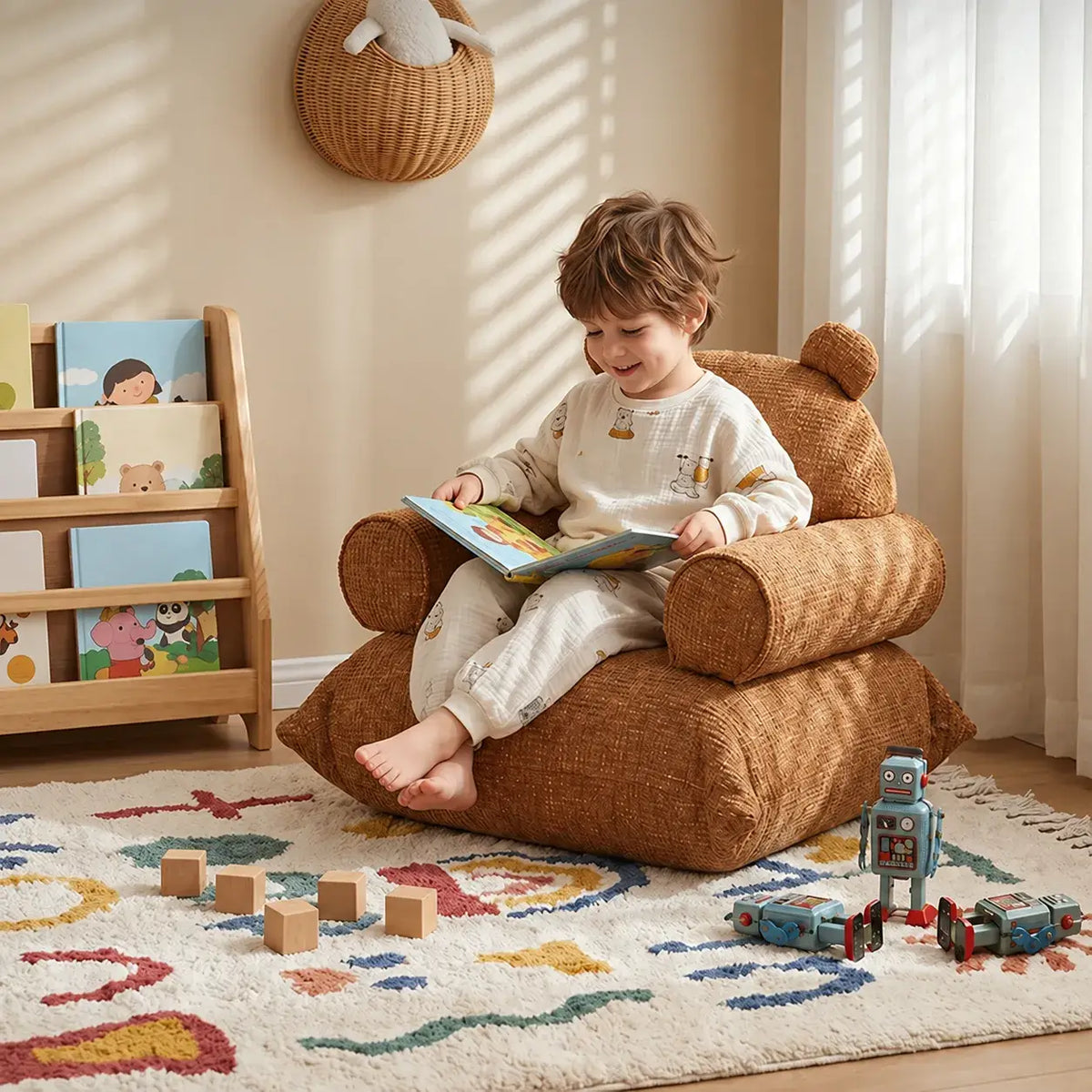 Bear Chenille Kids Lounge Chair with Rounded Silhouette for Reading Nooks
