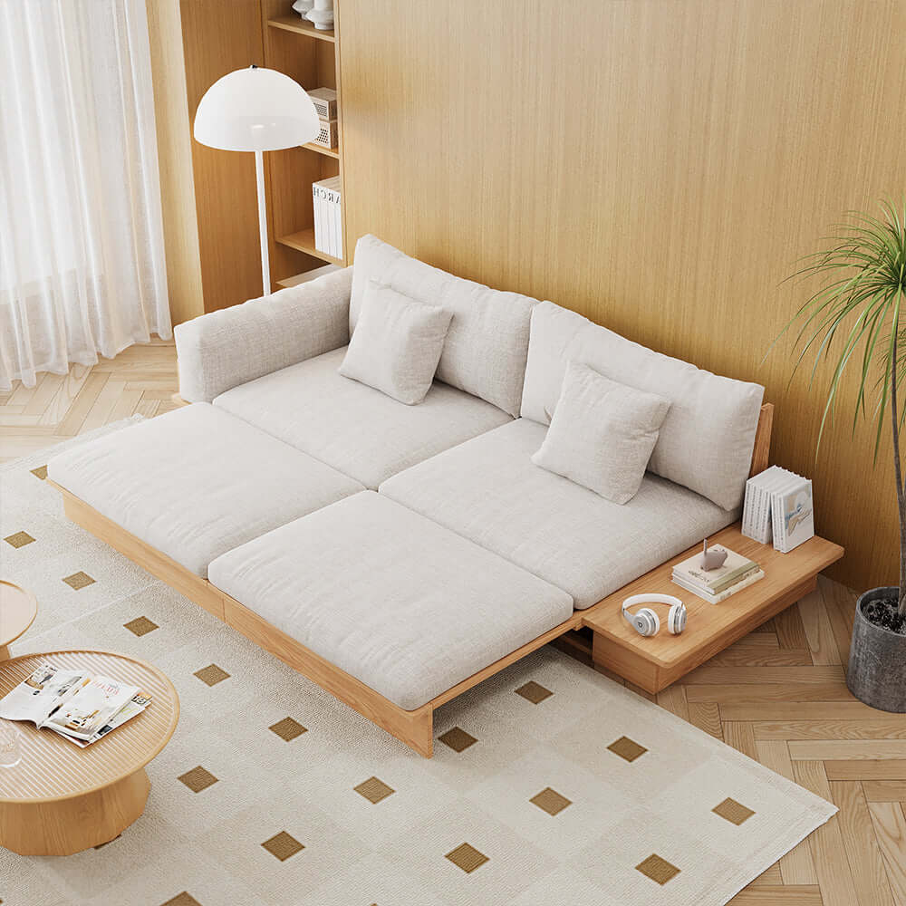 Cocochairs Floor Platform Wood Frame Sofa Bed – Reversible Armrests, Corduroy or Linen-Blend Upholstery