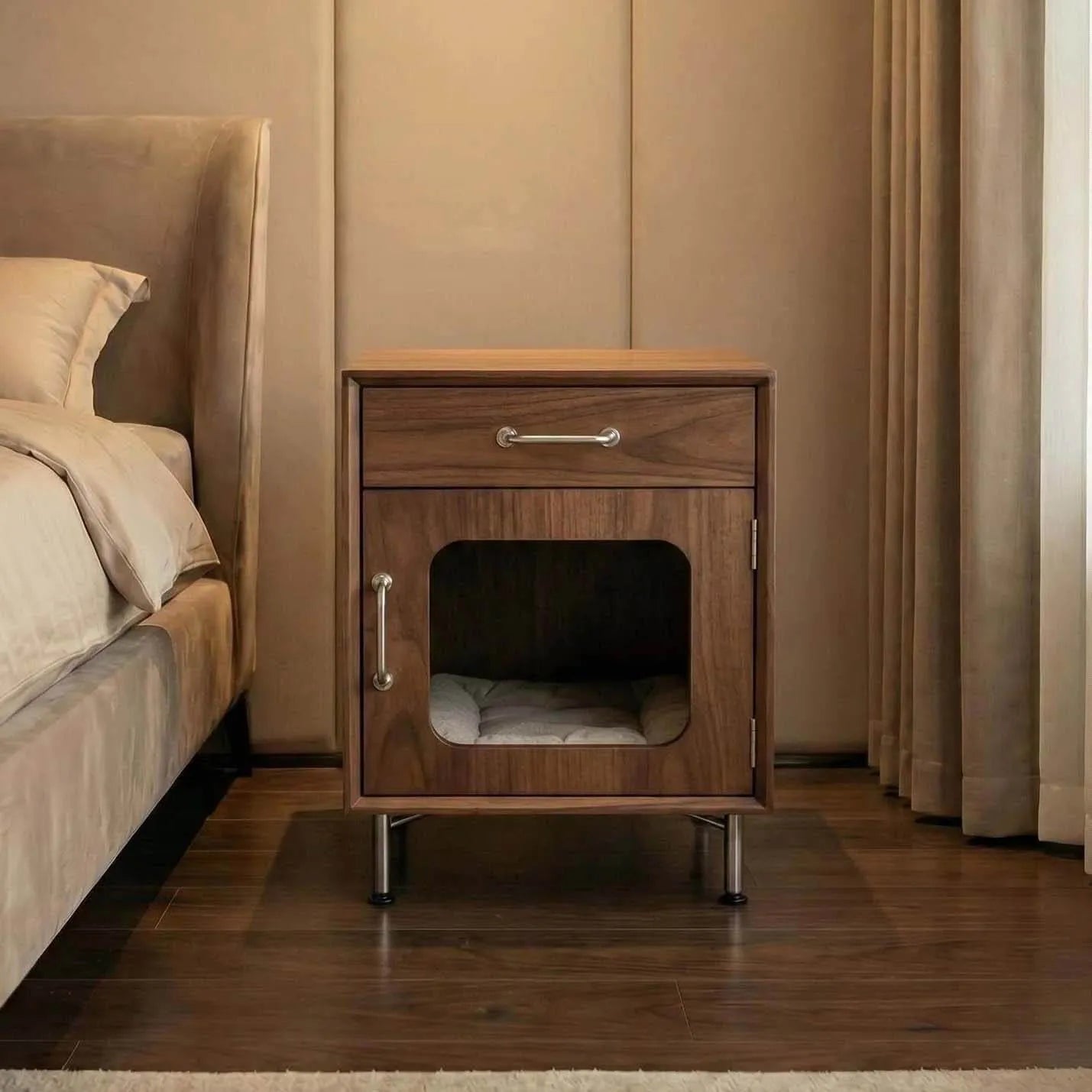 Bedroom Multifunctional Pet-Friendly Nightstand With Drawer and Cat Den