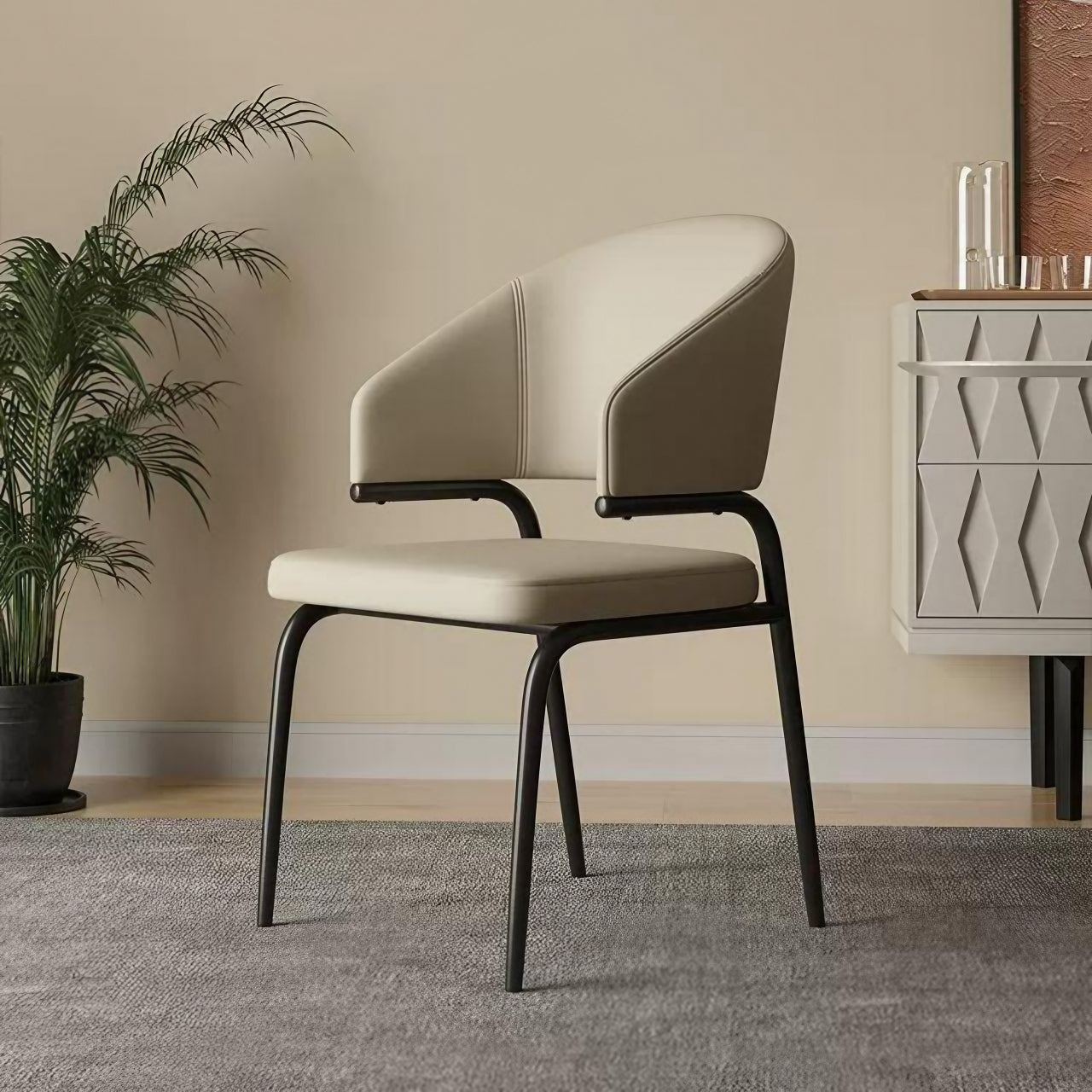 Beige Leather Dining Chair with Wrap-Back Design and Light Cushion