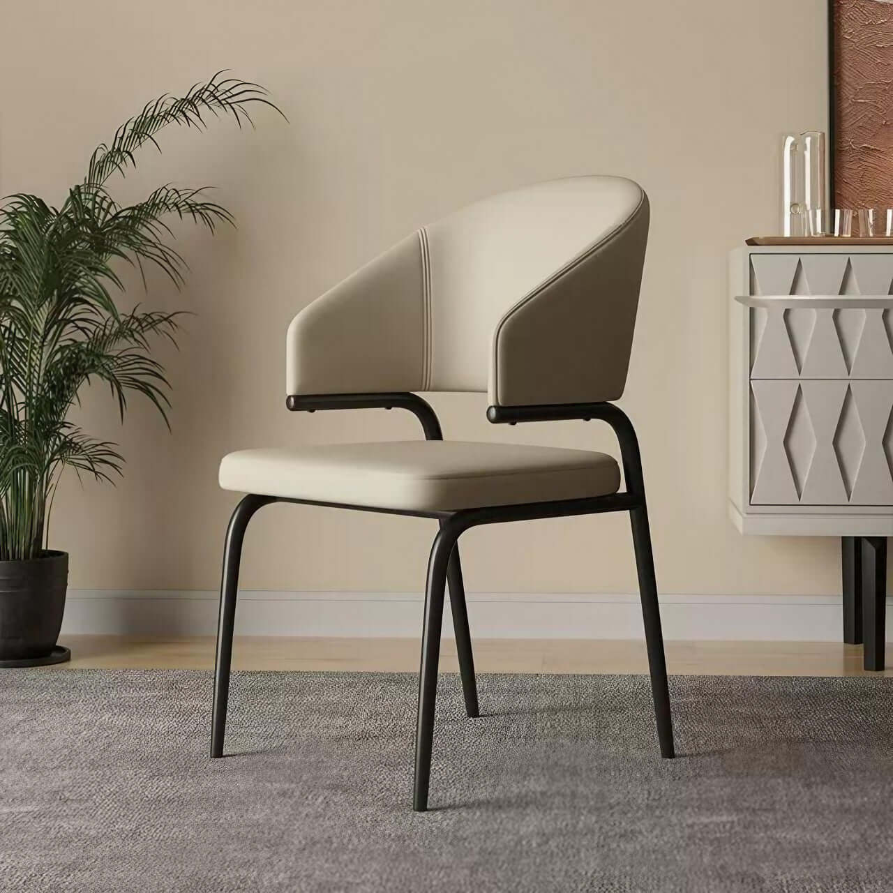 Beige leather wrap-back dining chair with durable frame and light cushioned seat main product image