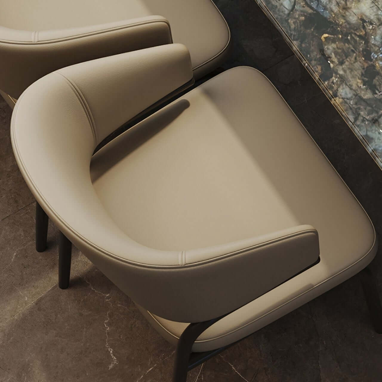 Beige leather wrap-back dining chair with durable frame and light cushioned seat