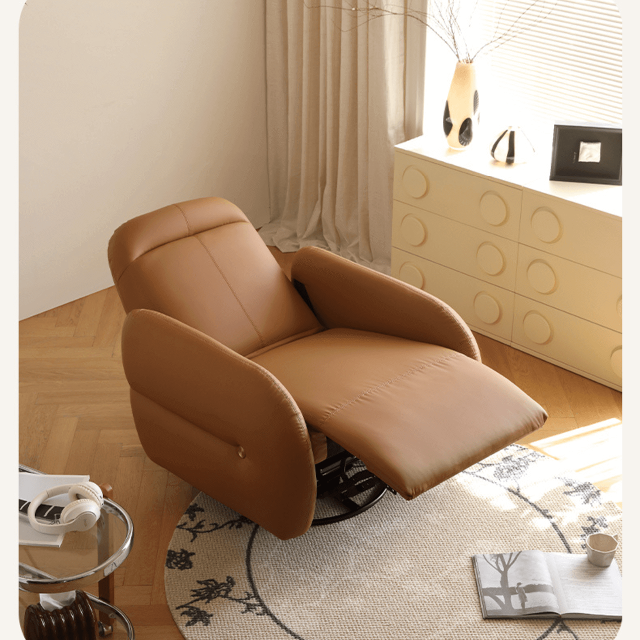 Beige faux leather electric recliner chair with retro U-shaped design, swivel and rocking features main product image