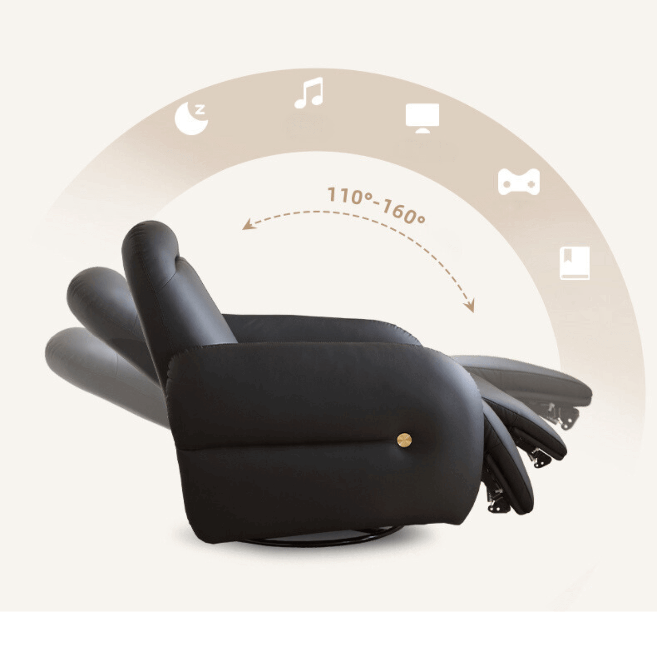 Beige faux leather electric recliner chair with retro U-shaped design, swivel and rocking features