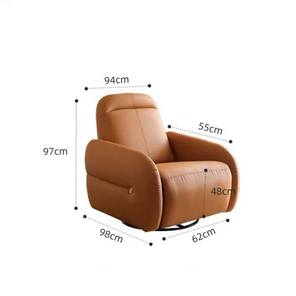 Beige faux leather electric recliner chair with retro U-shaped design, swivel and rocking features