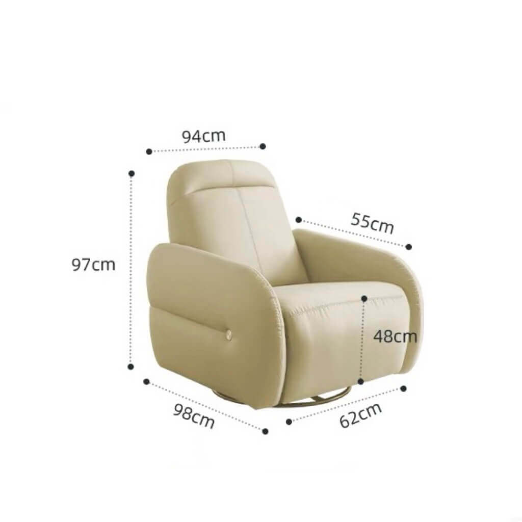 Beige faux leather electric recliner chair with retro U-shaped design, swivel and rocking features