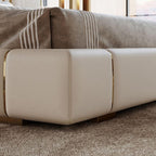 Beige Glam Panel Bed with Wood Slat Support and Metal Accents