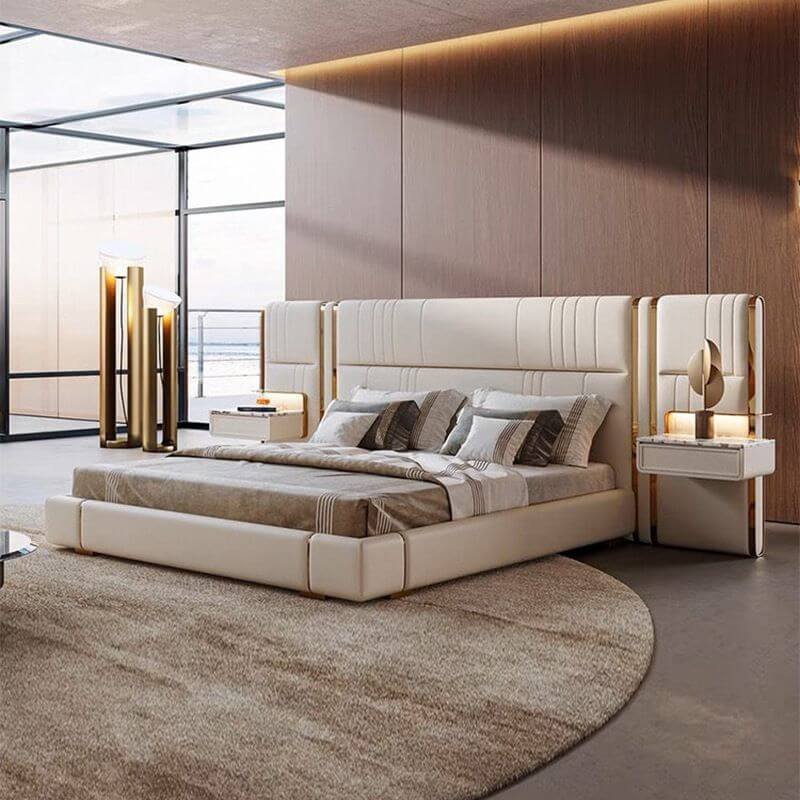 Beige Glam Panel Bed with Wood Slat Support and Metal Accents Secondary image