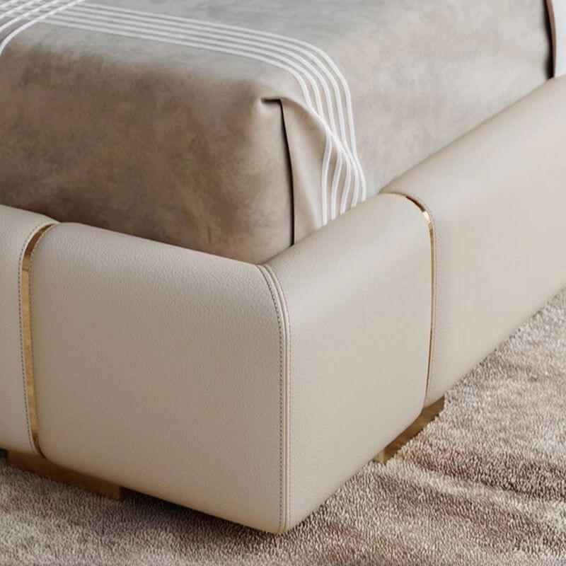 Beige Glam Panel Bed with Wood Slat Support and Metal Accents