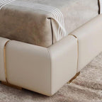 Beige Glam Panel Bed with Wood Slat Support and Metal Accents