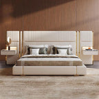 Beige Glam Panel Bed with Wood Slat Support and Metal Accents Main Product Image