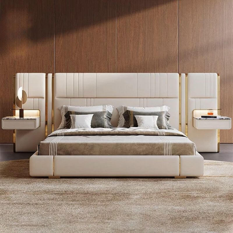 Beige Glam Panel Bed with Wood Slat Support and Metal Accents Main Product Image