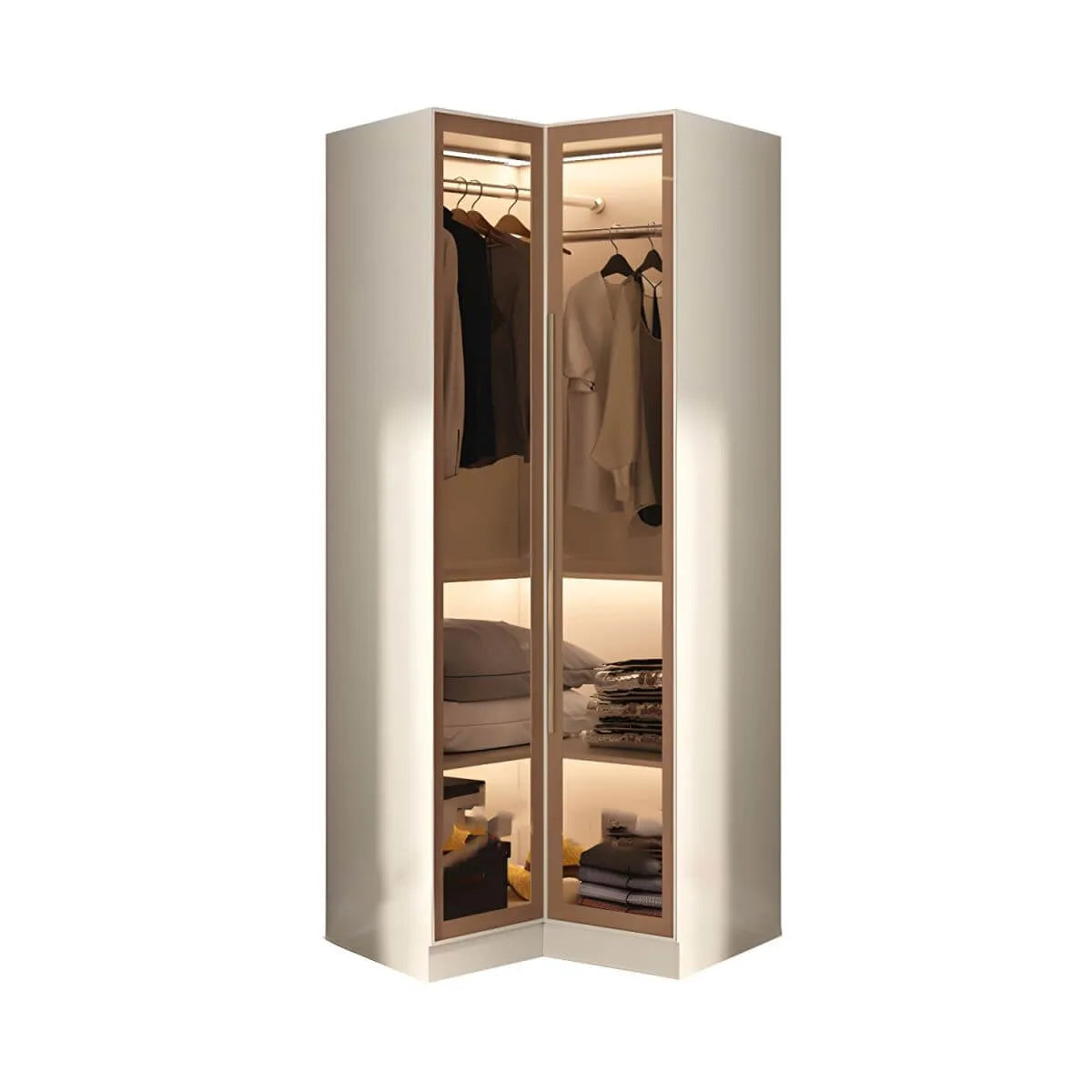 Beige Glass Front Wardrobe System With Display Shelves and Top Cabinets