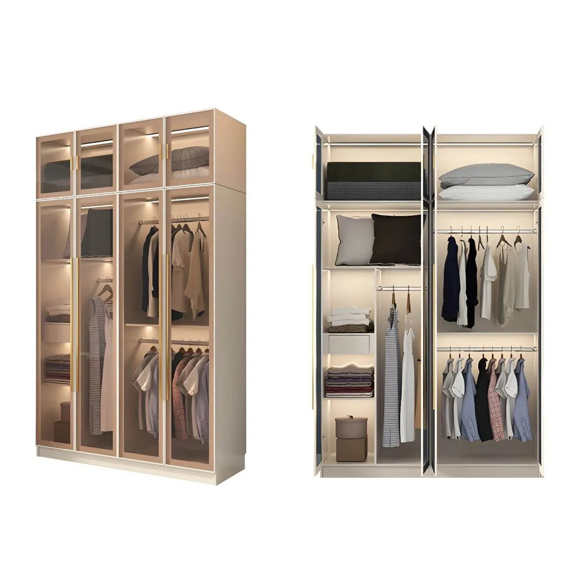 Beige Glass Front Wardrobe System With Display Shelves and Top Cabinets