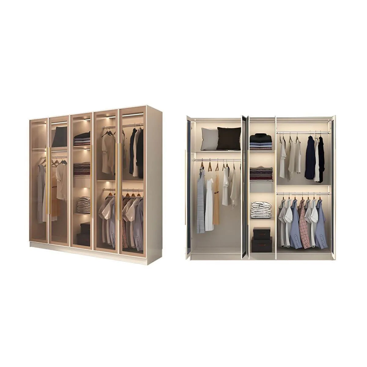 Beige Glass Front Wardrobe System With Display Shelves and Top Cabinets