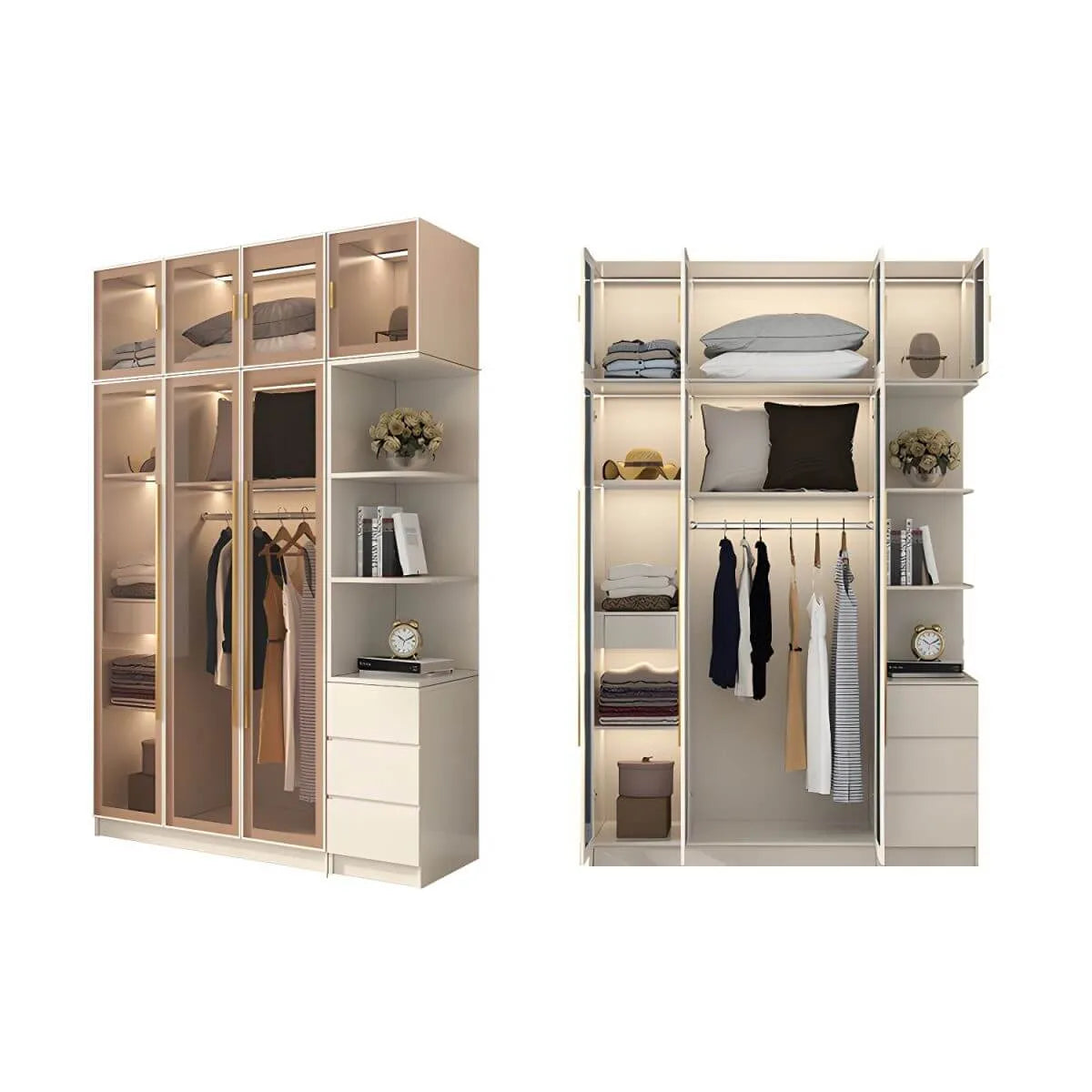 Beige Glass Front Wardrobe System With Display Shelves and Top Cabinets