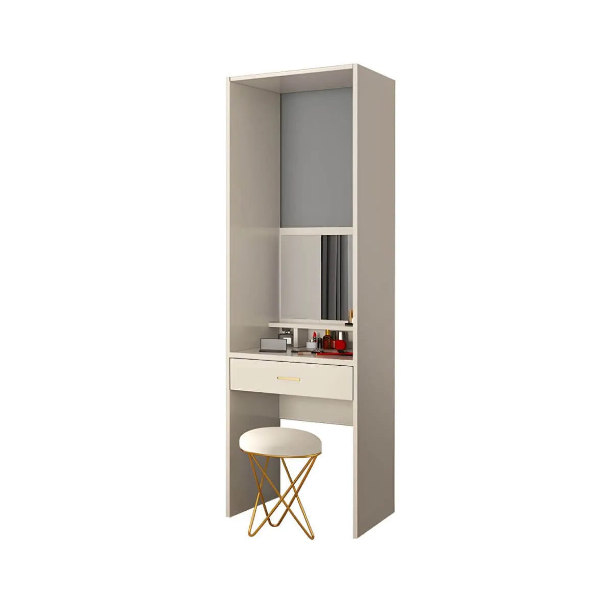 Beige Glass Front Wardrobe System With Display Shelves and Top Cabinets