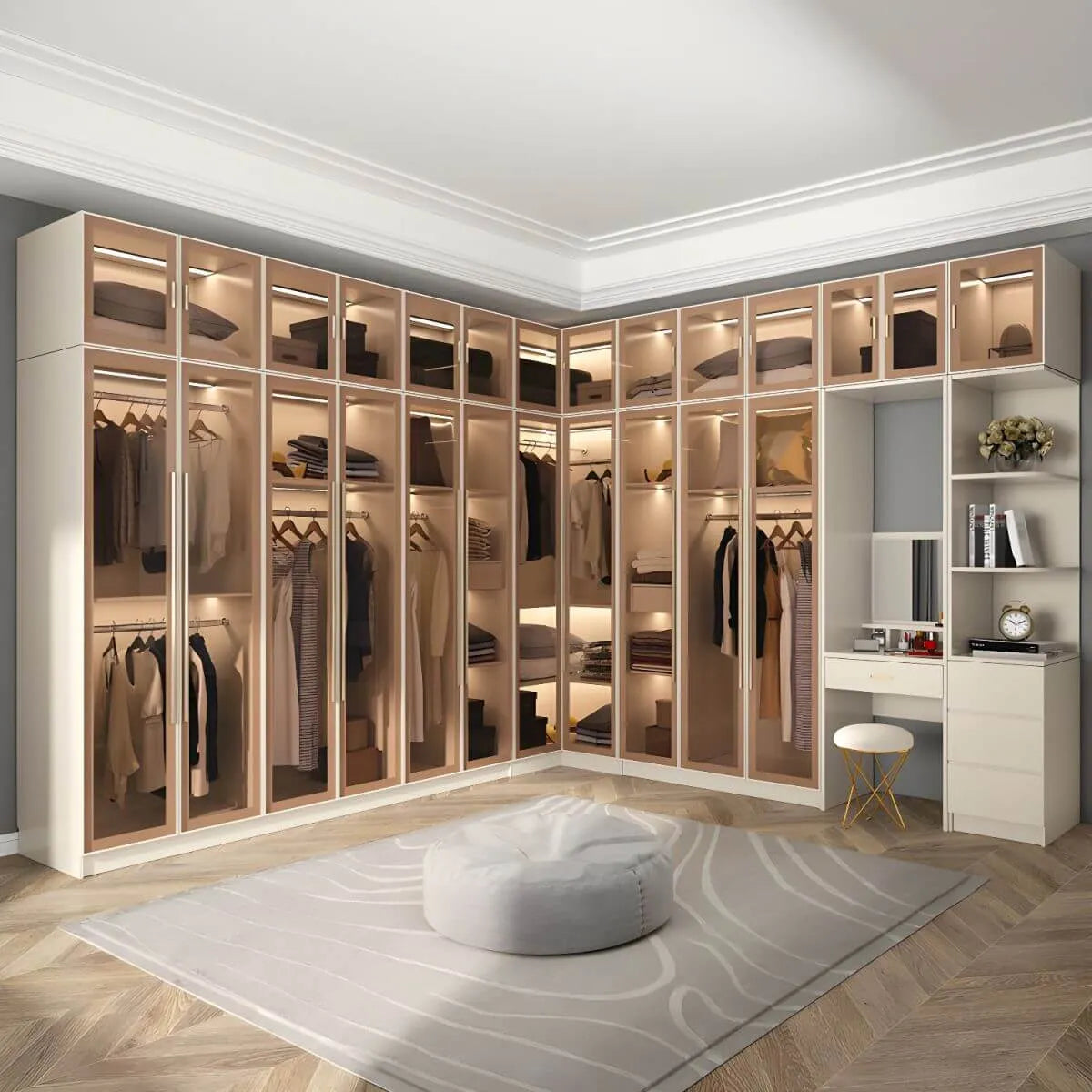 Beige Glass Front Wardrobe System With Display Shelves and Top Cabinets