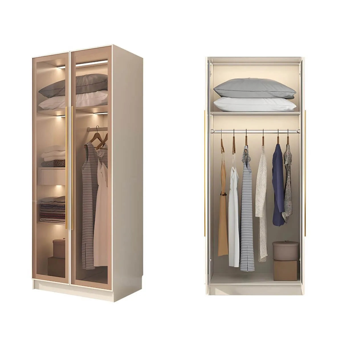 Beige Glass Front Wardrobe System With Display Shelves and Top Cabinets