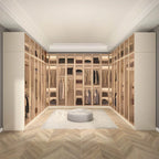 Beige Glass Front Wardrobe System With Display Shelves and Top Cabinets