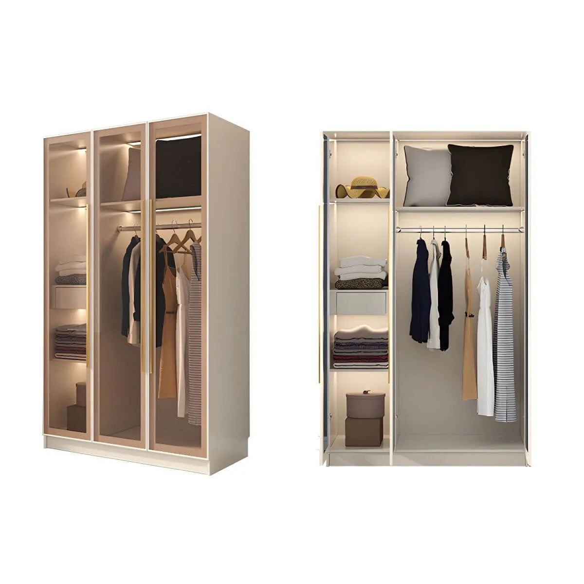 Beige Glass Front Wardrobe System With Display Shelves and Top Cabinets