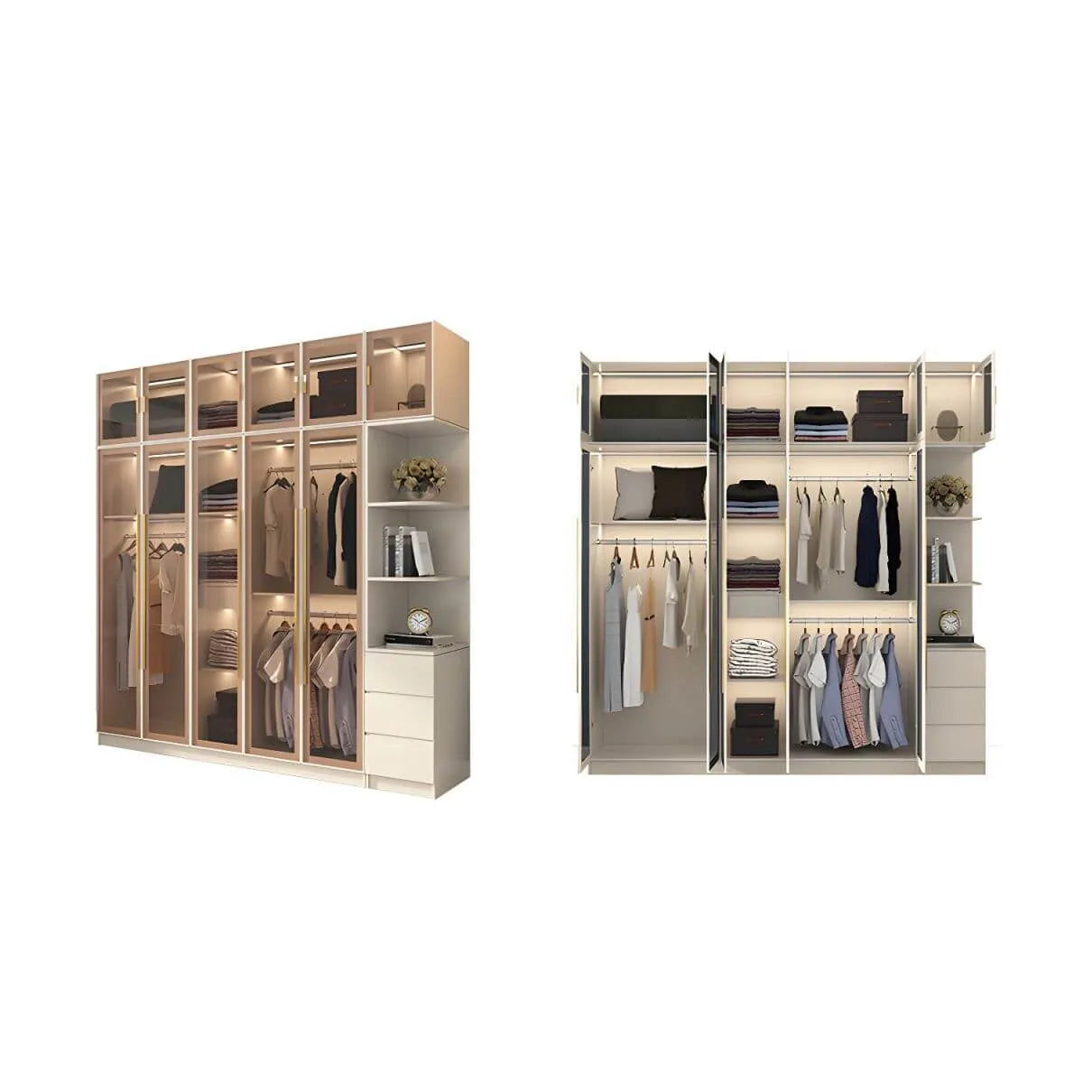 Beige Glass Front Wardrobe System With Display Shelves and Top Cabinets