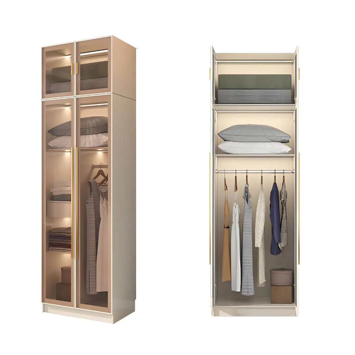 Beige Glass Front Wardrobe System With Display Shelves and Top Cabinets