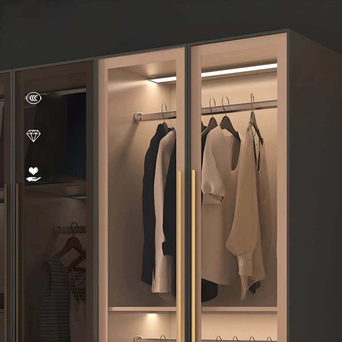 Beige Glass Front Wardrobe System With Display Shelves and Top Cabinets