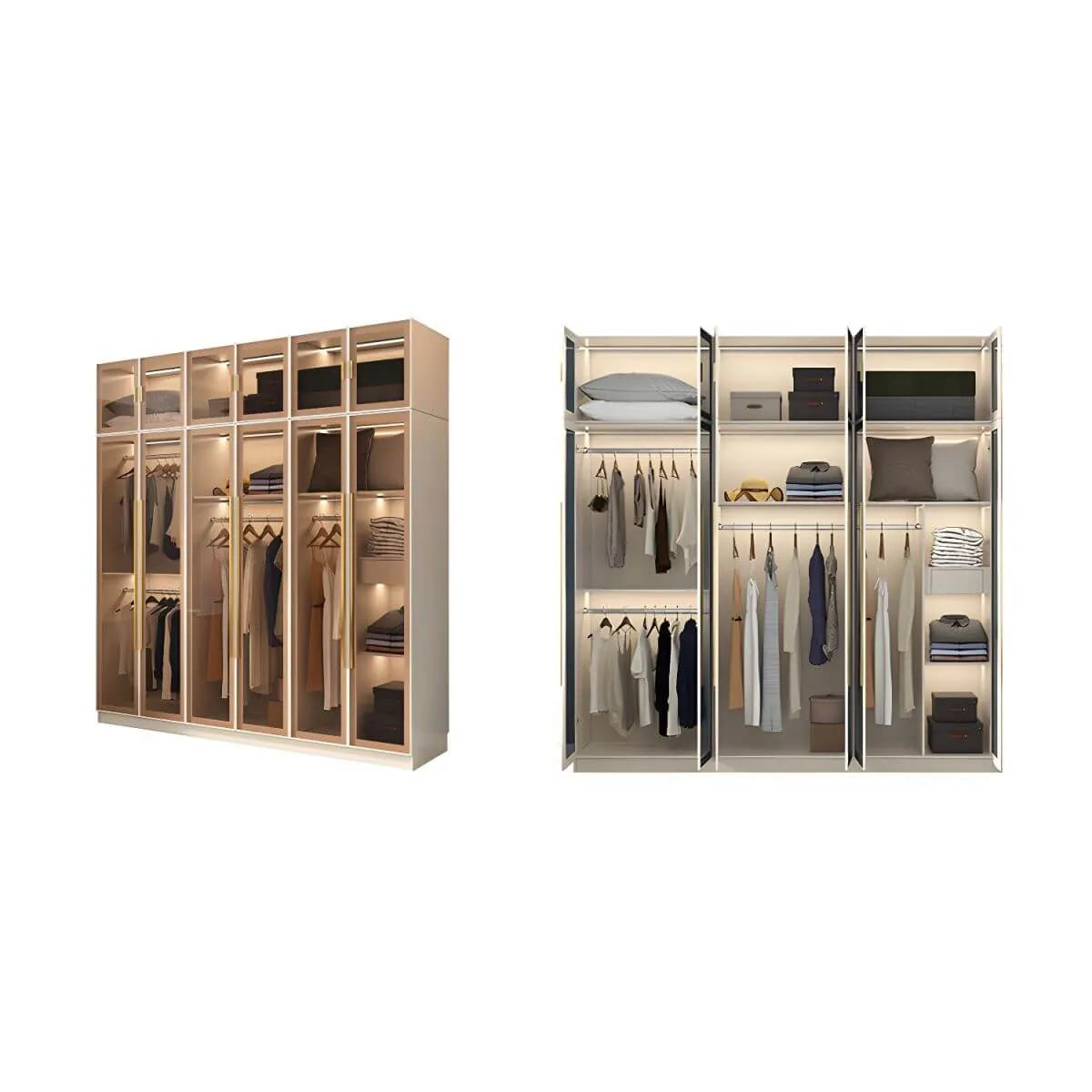 Beige Glass Front Wardrobe System With Display Shelves and Top Cabinets
