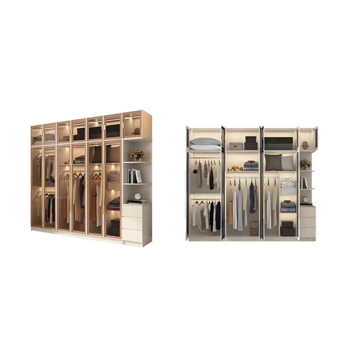 Beige Glass Front Wardrobe System With Display Shelves and Top Cabinets
