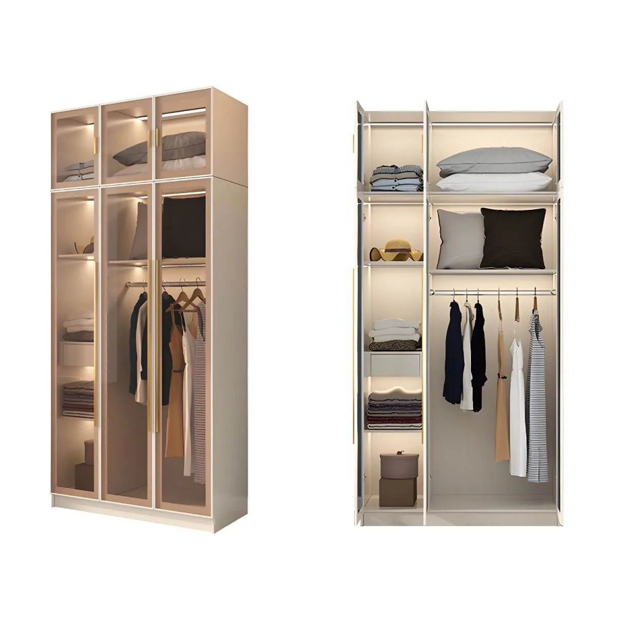 Beige Glass Front Wardrobe System With Display Shelves and Top Cabinets