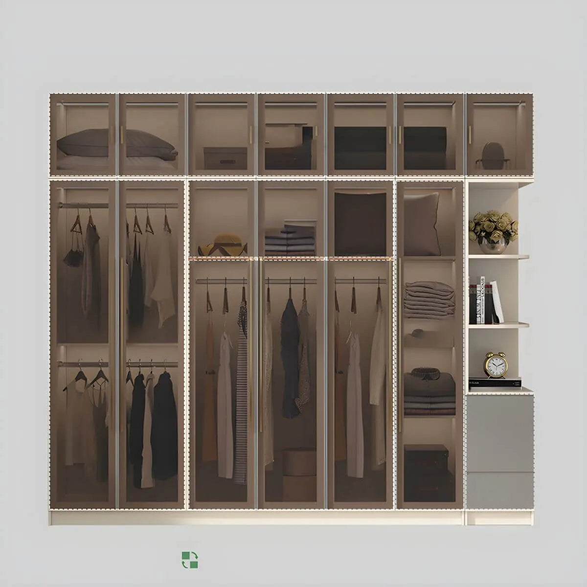 Beige Glass Front Wardrobe System With Display Shelves and Top Cabinets