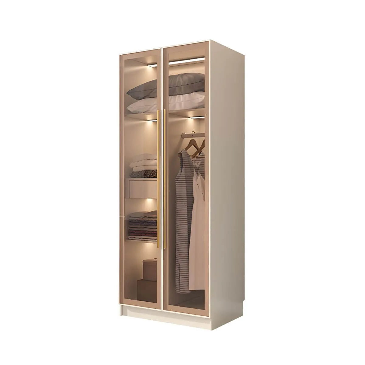 Beige Glass Front Wardrobe System With Display Shelves and Top Cabinets