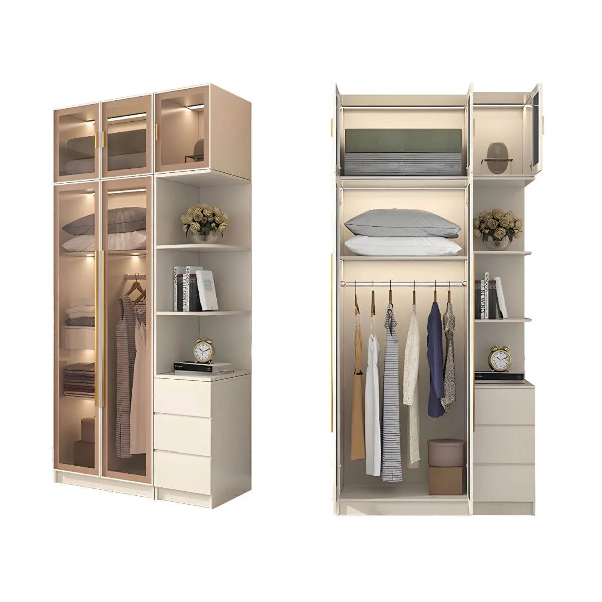 Beige Glass Front Wardrobe System With Display Shelves and Top Cabinets