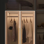 Beige Glass Front Wardrobe System With Display Shelves and Top Cabinets