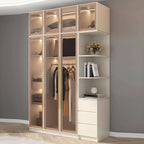 Beige Glass Front Wardrobe System With Display Shelves and Top Cabinets