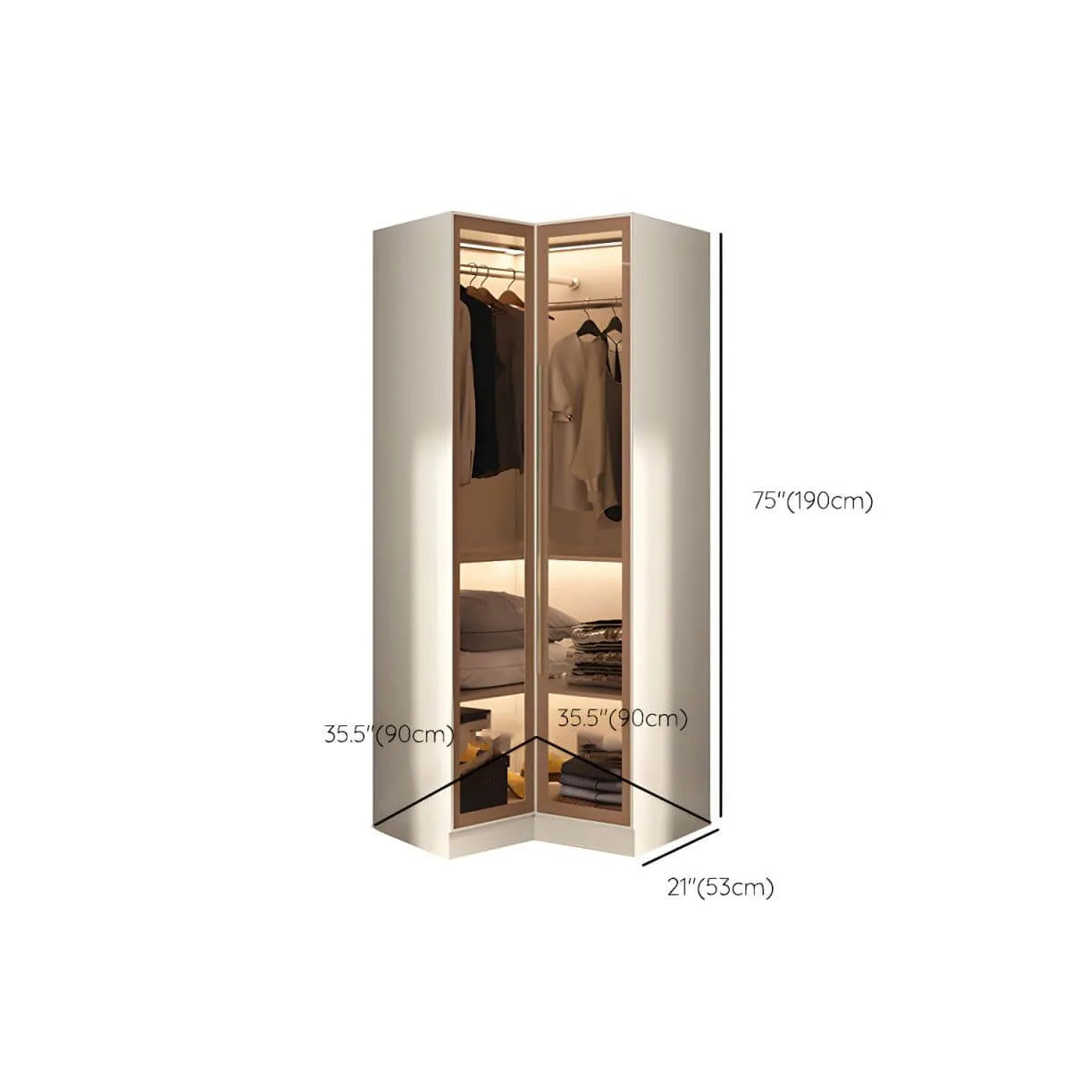 Beige Glass Front Wardrobe System With Display Shelves and Top Cabinets Dimensions