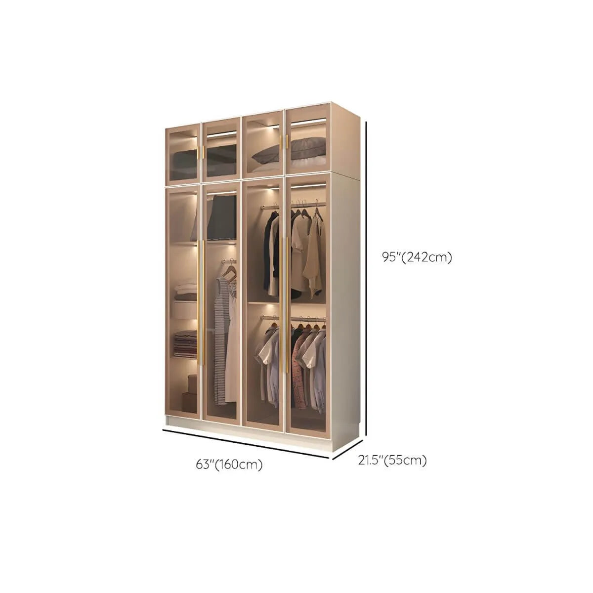Beige Glass Front Wardrobe System With Display Shelves and Top Cabinets Dimensions
