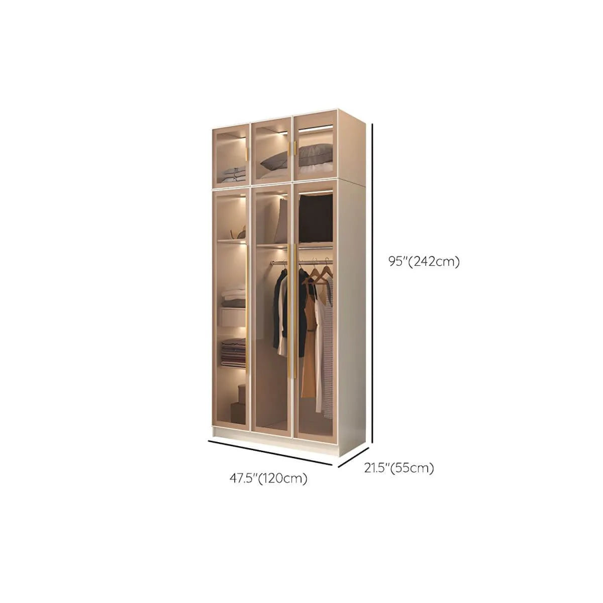 Beige Glass Front Wardrobe System With Display Shelves and Top Cabinets Dimensions